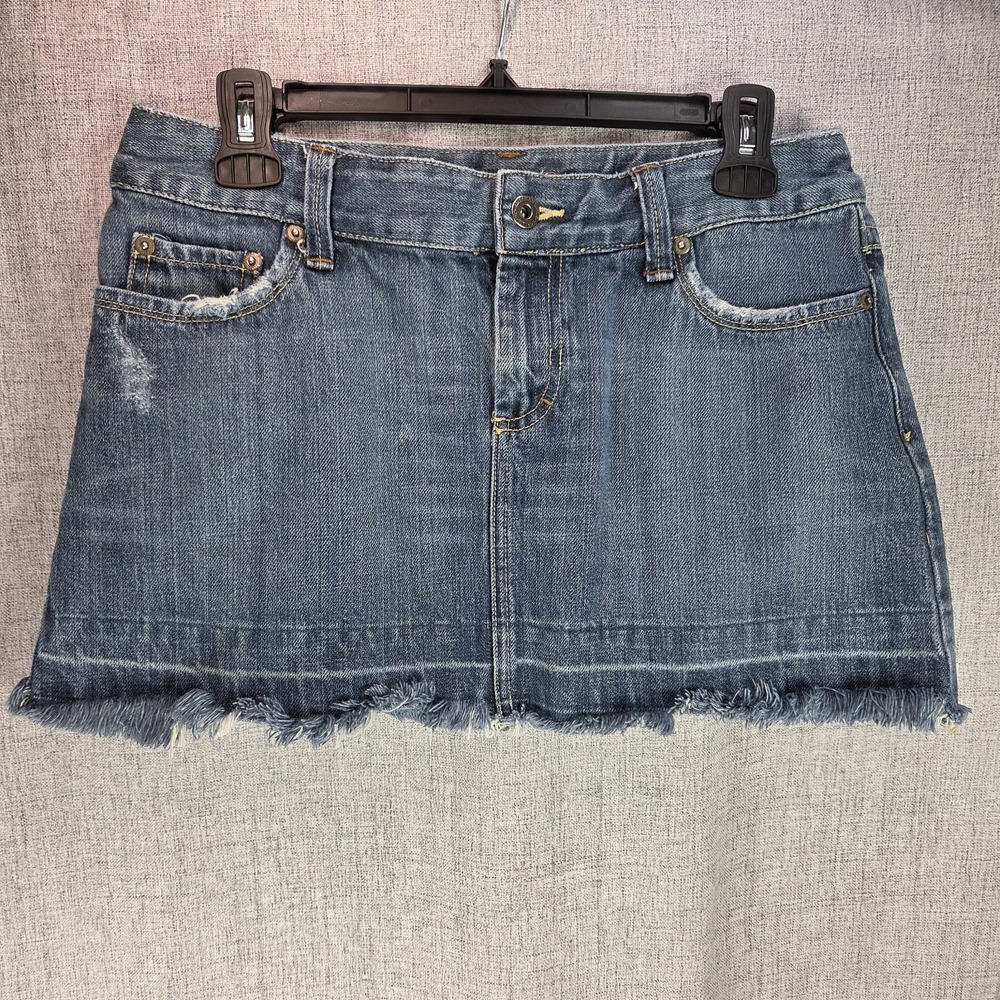 Y2K American Eagle Denim Micro Mini Skirt Pink Eagle Wings Pockets SZ 6 Frayed